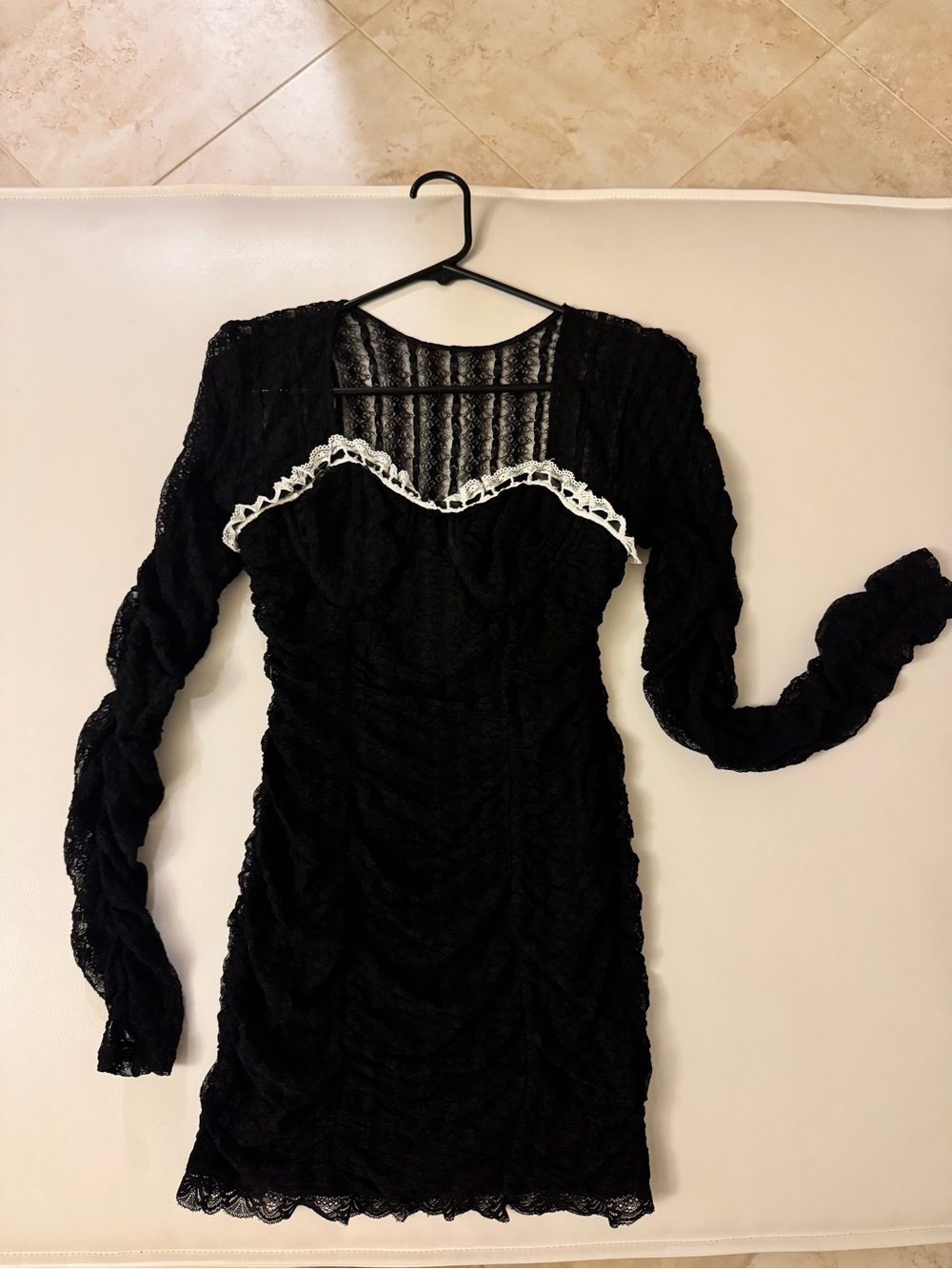 LoveShackFancy Black Lace Long-Sleeve Mini Dress with White Trim